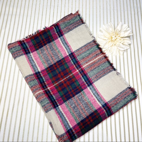 Pink Wool Plaid Tartan Blanket Scarf New Beige Red - Picture 8 of 9